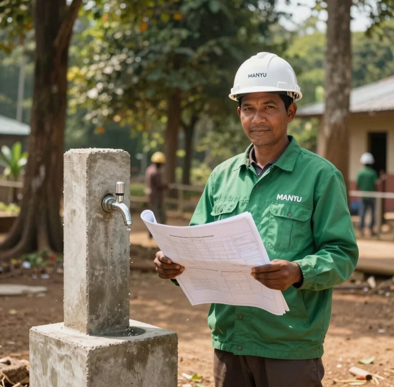 A medium portrait of a Manyu project engineer in a forest green shirt holding a water system blueprint, standing proudly next to a newly completed concrete tap stand, warm natural light, 35mm.