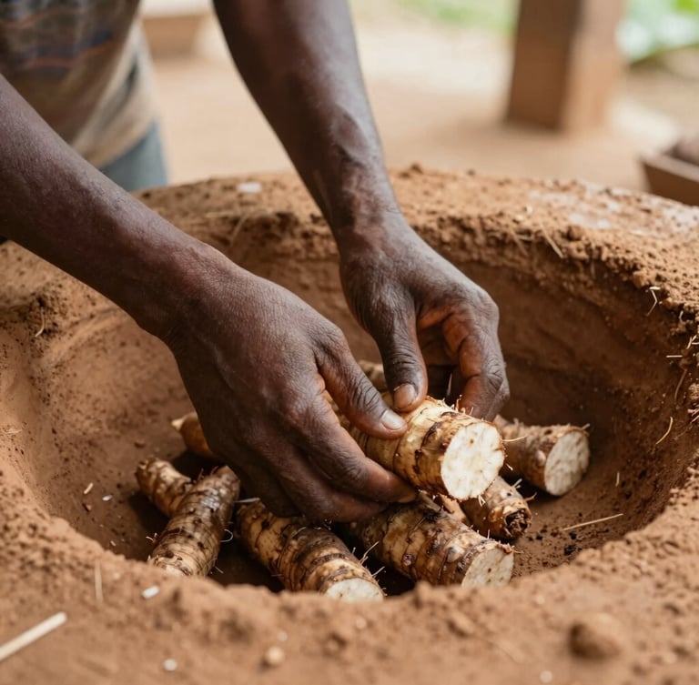 Close-up of hands processing cassava roots in a clean, community-run cooperative mill, warm clay tones, natural light, 35mm
