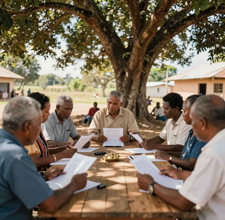 A medium shot of a village council meeting under the shade of a large tree, local leaders discussing plans with paper documents, dignified, warm equatorial light.