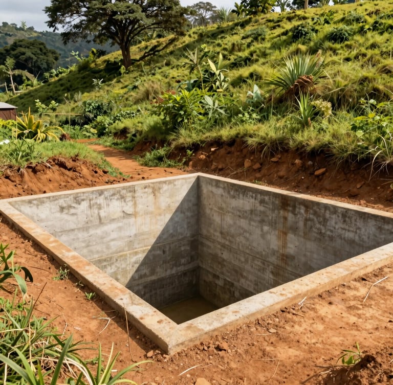 Wide shot of a concrete water intake chamber built into a lush green hillside in Cameroon, clean lines, warm equatorial sunlight, 35mm