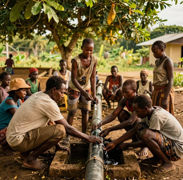 A wide, warm-toned environmental portrait of Manyu community members working together to install a clean water pipeline, rich green foliage, golden equatorial sunlight, 35mm.