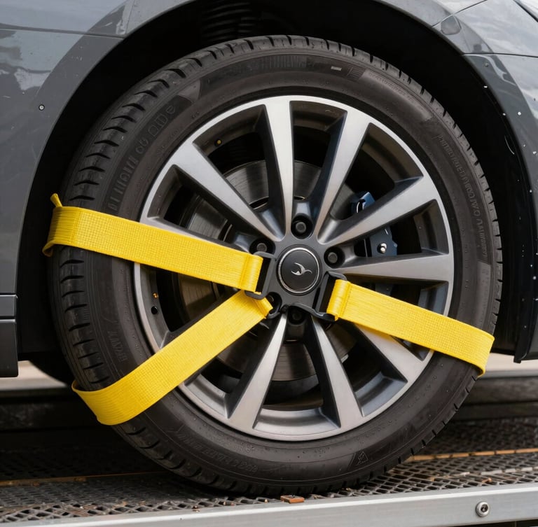 A close-up of a high-visibility yellow wheel strap securely buckled over a clean sports car tire on a flatbed deck, crisp daylight, professional commercial photography
