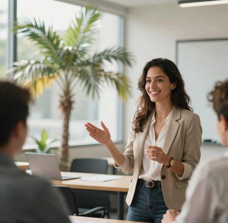 Warm natural daylight illuminating a modern office classroom, a smiling professional woman gesturing during a friendly language consultation, tropical palm leaves softly blurred in the background.