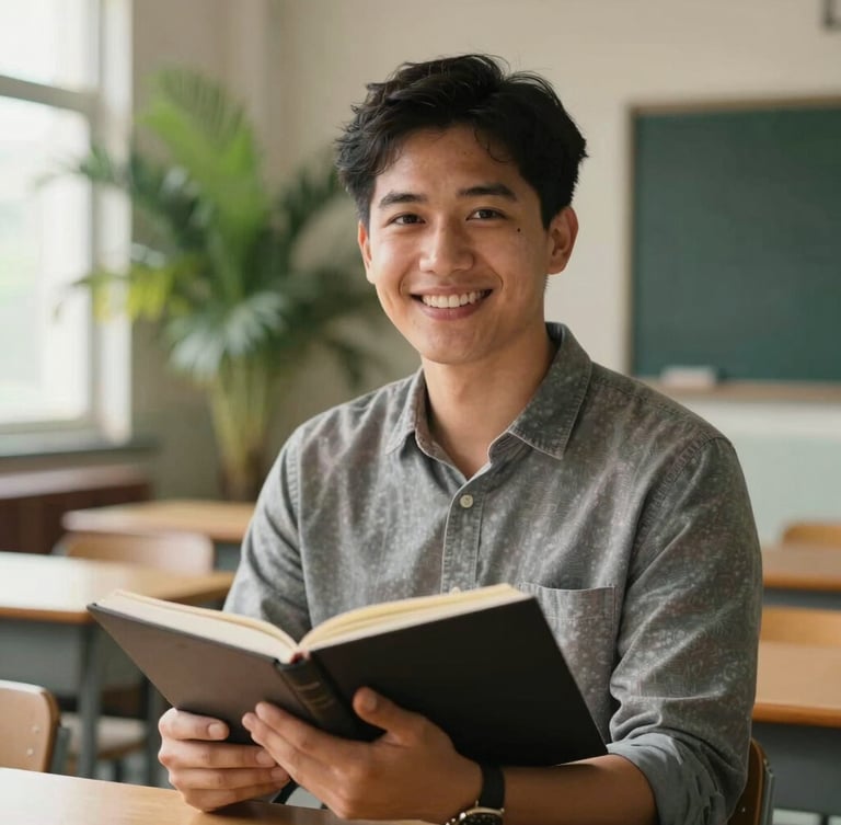 Warm daylight portrait of a smiling adult student holding a notebook in a modern classroom, lush green palm leaves softly blurred in the background, natural lighting, medium close-up.