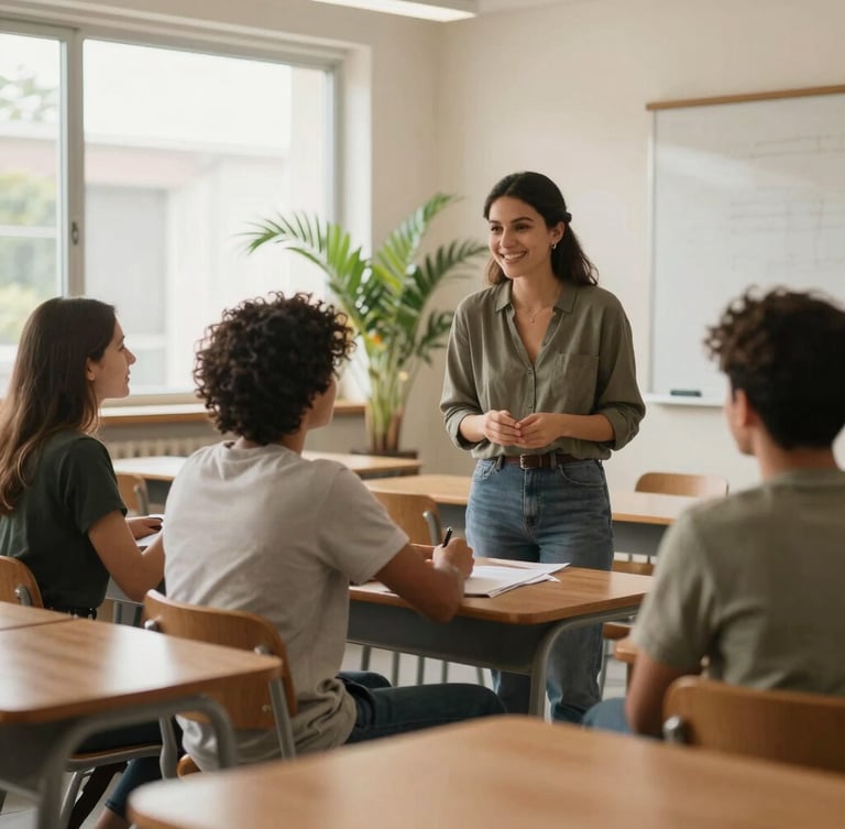 A warm, daylight-filled modern classroom with subtle palm foliage in the background. A smiling teacher guides a small, diverse group of adult students engaged in active conversation.