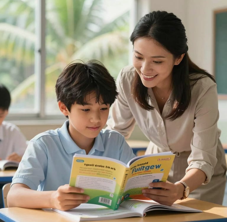 Candid medium shot of a young student and a warm, smiling teacher looking over a colorful English workbook, natural sunlit classroom setting, soft tropical foliage visible through the window in the background.