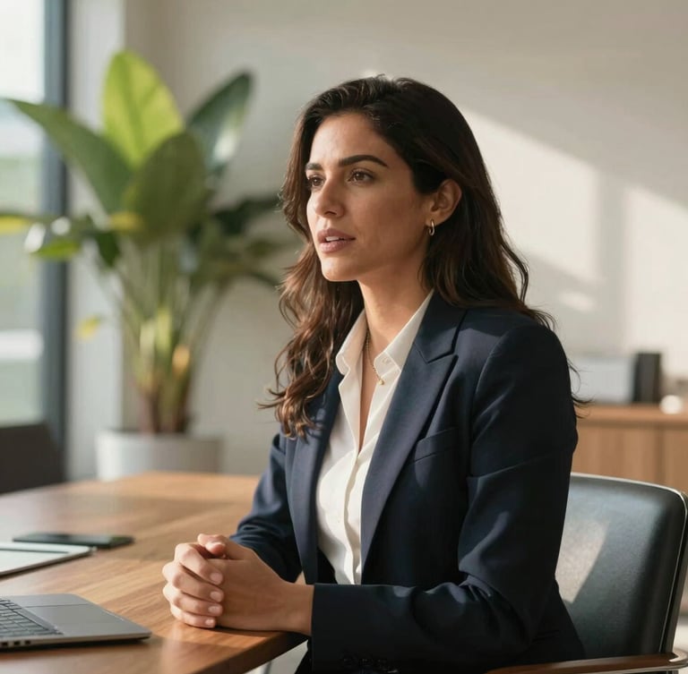 Warm natural daylight, medium close-up of a confident Latina professional speaking in a modern, sun-drenched boardroom, subtle tropical foliage in the background.