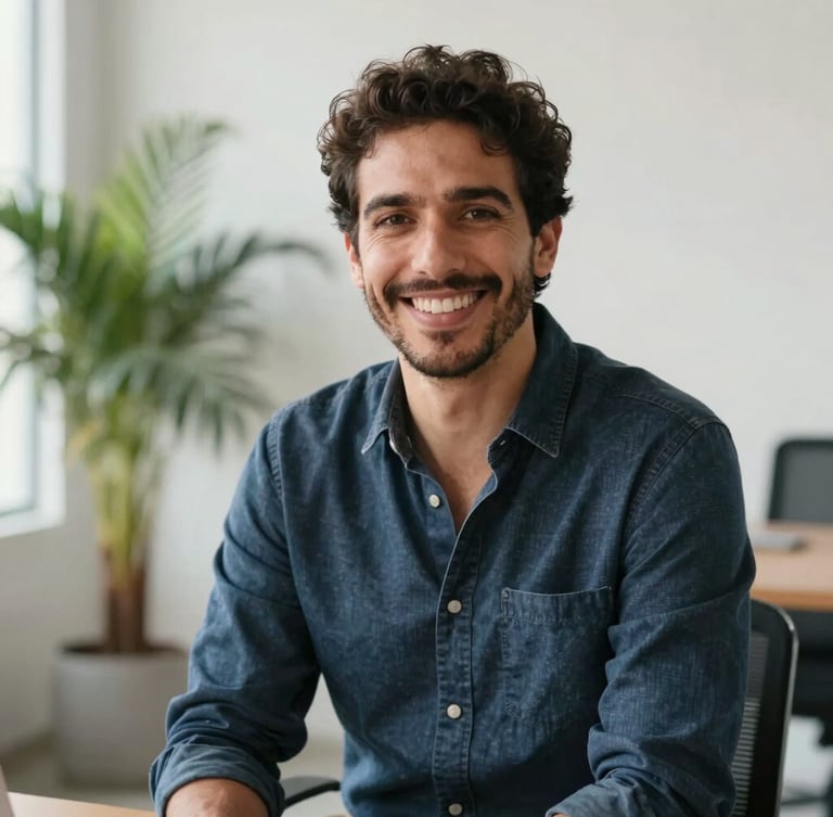 A warm, natural light portrait of Leandro Blanco Burgo, a friendly founder in his late 30s, smiling genuinely at the camera. He is sitting in a bright, modern office space with a subtle potted palm plant in the soft-focus background.