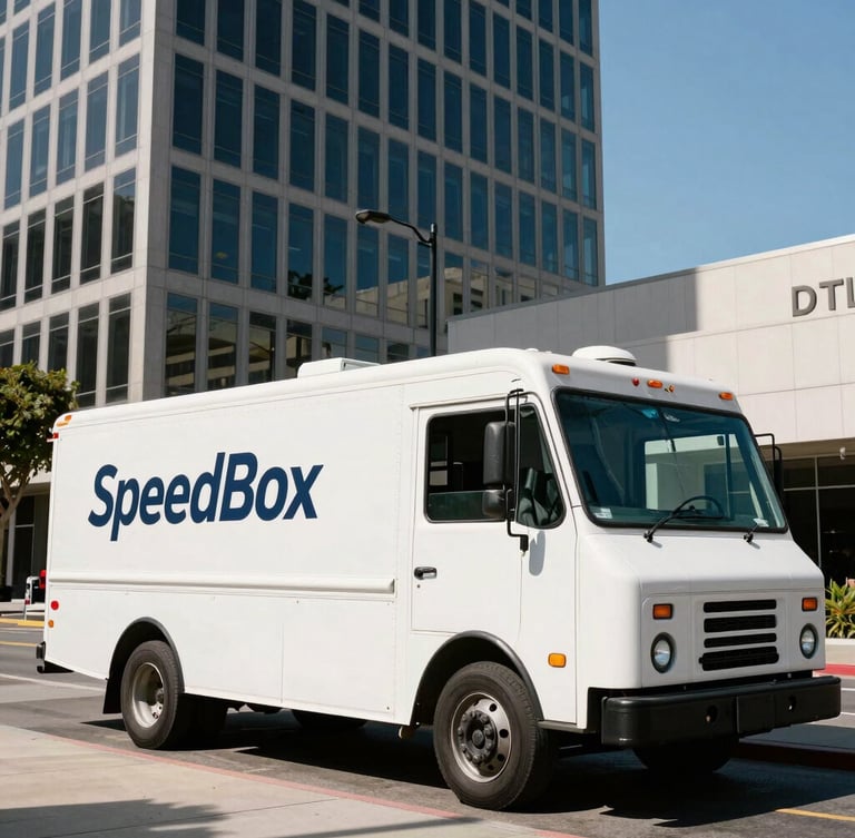 Wide-angle environmental shot of a clean SpeedBox moving truck parked precisely beside a modern glass-and-steel DTLA office high-rise under bright Southern California daylight, sharp shadows.