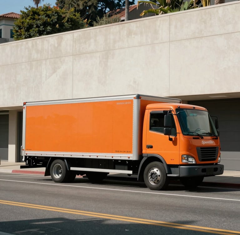Wide shot of a branded orange and charcoal SpeedBox moving truck parked precisely on a steep Silver Lake street, sharp Southern California daylight casting crisp shadows, clean architectural lines in background.