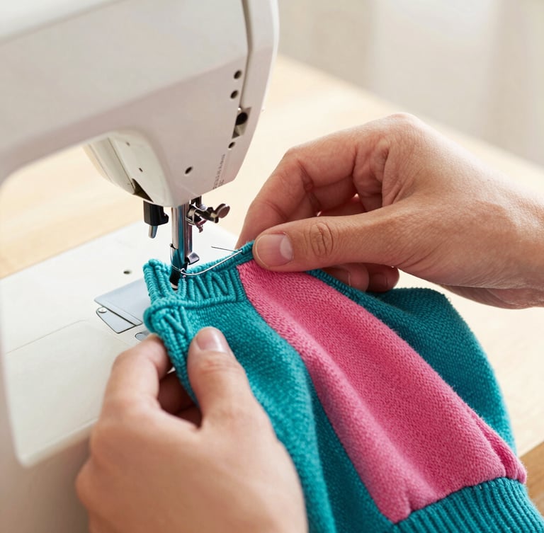 Close-up of hands carefully stitching a vibrant teal and pink pet sweater on a vintage sewing machine, warm natural daylight, soft focus, showing high-quality textile details.