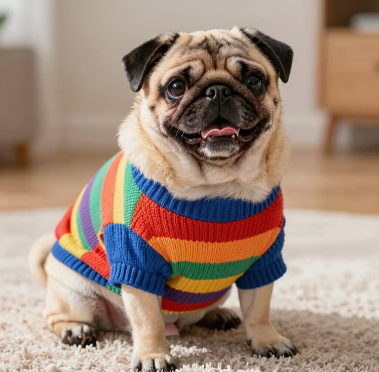 A happy chubby pug wearing a colorful custom-tailored knit sweater, sitting comfortably on a soft rug, warm natural daylight, detailed textile textures, vibrant pet photography