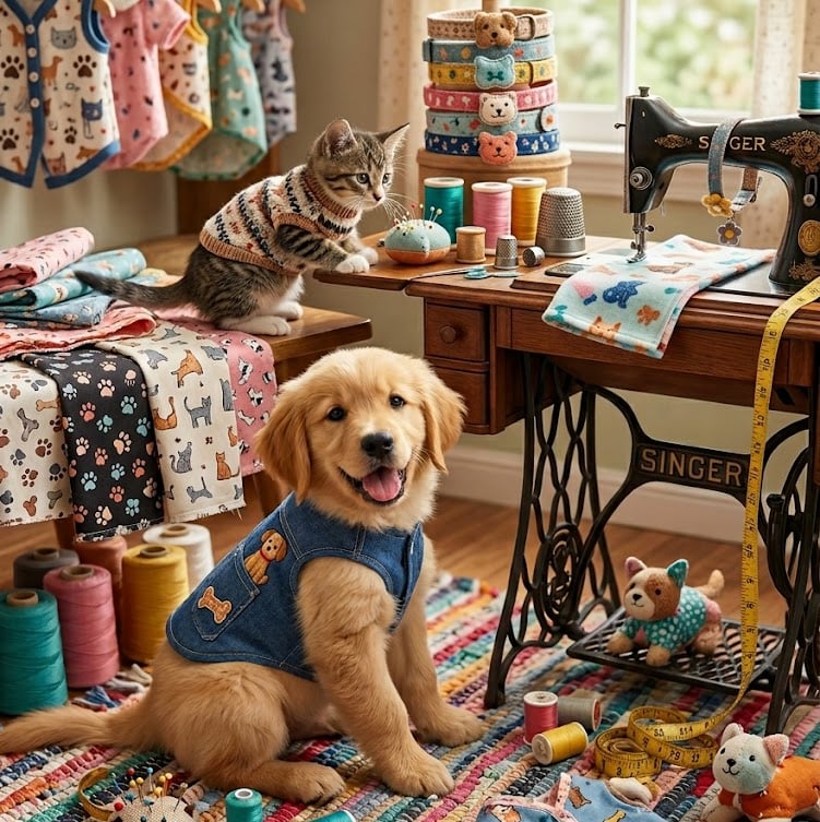 Golden Retriever puppy and kitten wearing custom pet clothes in a sewing room with a vintage Singer machine.