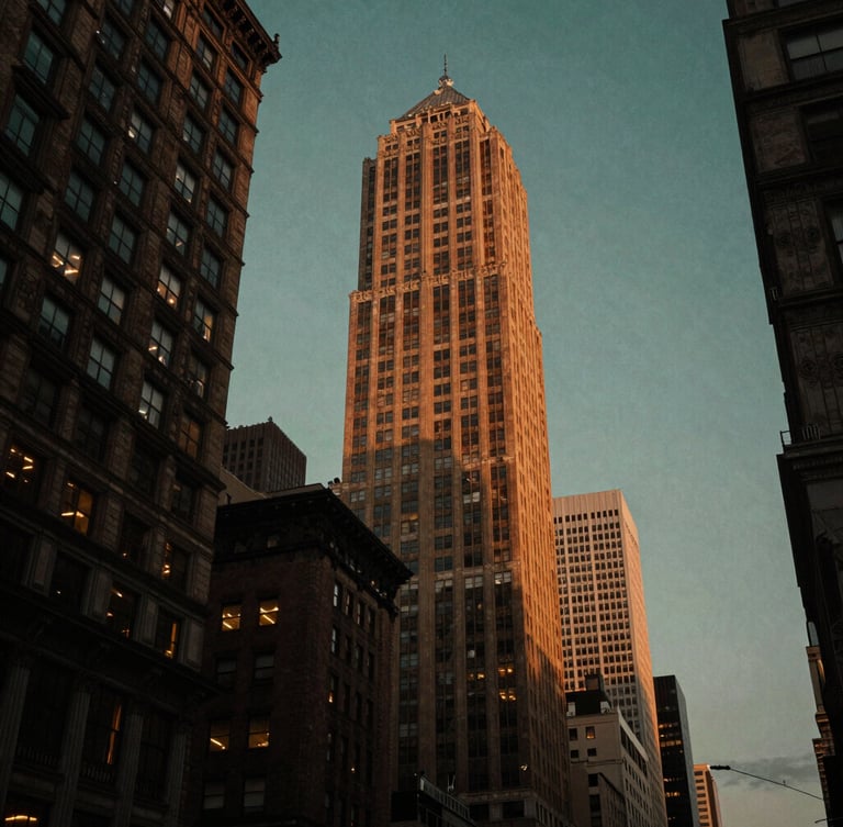 Moody editorial photography of West 57th Street at dusk, warm low-key ambient light, towering luxury buildings against a deep twilight sky, 35mm