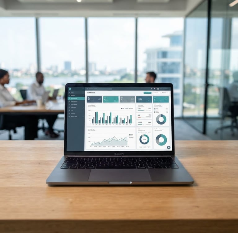 Straight-on device mockup of a modern business platform on a clean wooden desk in an Abidjan office, bright natural light pouring through large windows, cool slate tones, shallow depth of field.