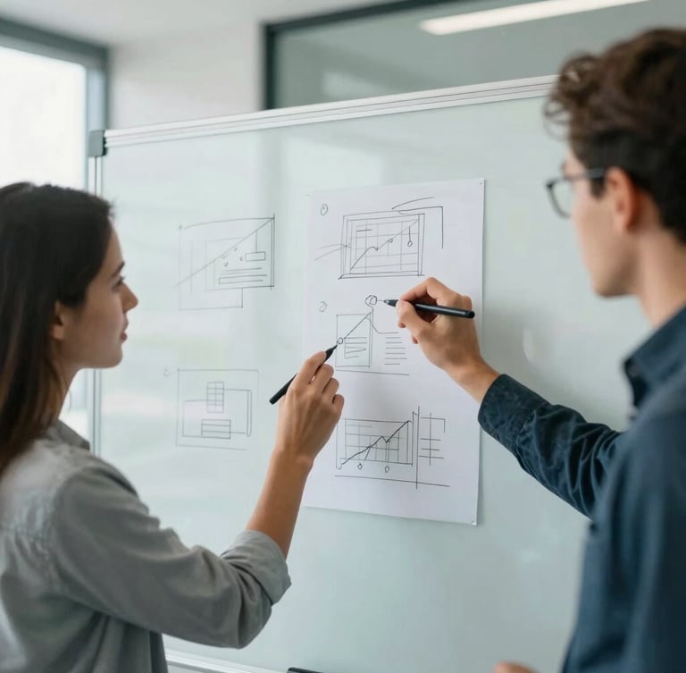 Professional team collaboration in a bright modern Abidjan office, hands sketching wireframes on a whiteboard, natural daylight, cool slate tones, shallow depth of field.