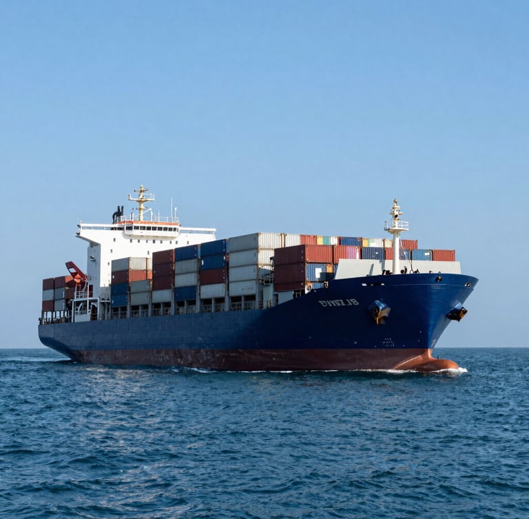 A massive commercial container ship in bright daylight, clear blue skies, wide angle environmental shot, sailing through calm blue ocean waters.