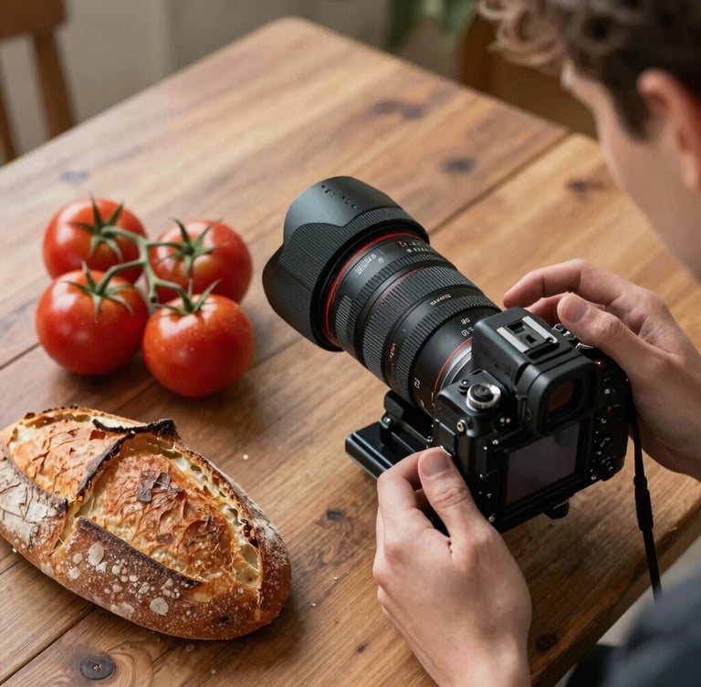 Overhead shot of a rustic wooden table under soft daylight, a professional camera rig positioned over heirloom tomatoes and fresh sourdough, hands adjusting a lens.