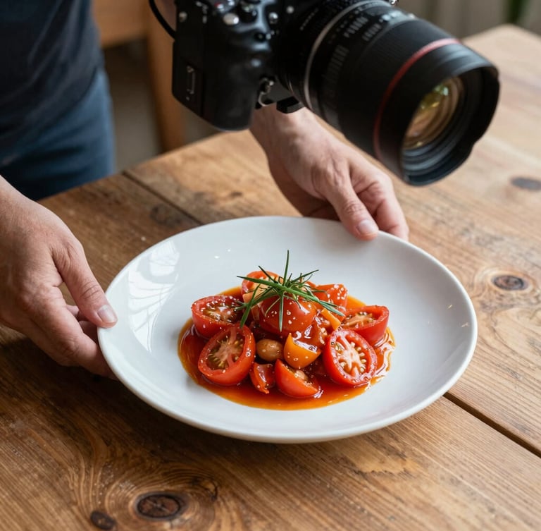 Soft Scandinavian daylight illuminating a rustic wooden table, camera rig positioned overhead capturing hands plating a vibrant heirloom tomato dish, natural shadows.