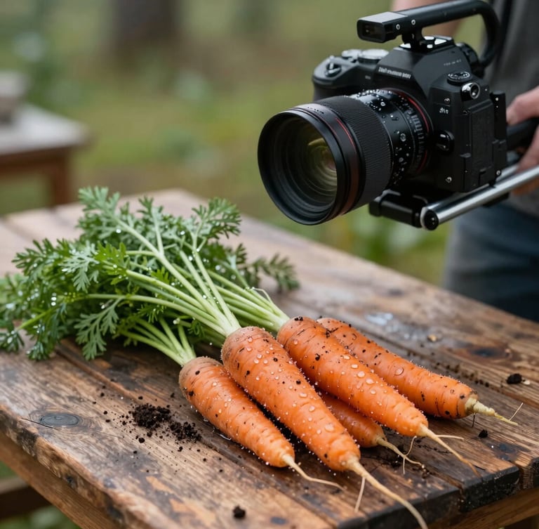 Candid mid-action shot of a camera rig positioned over a rustic wooden table filled with soil-dusted heirloom carrots and morning dew, soft Scandinavian daylight.