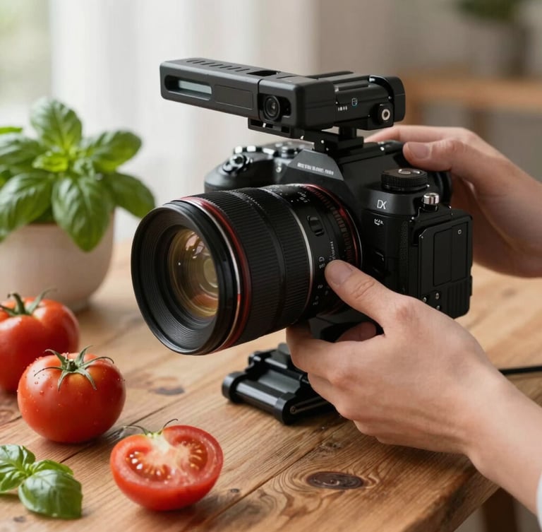Close-up shot of a professional camera rig positioned over a rustic wooden table, soft Scandinavian daylight illuminating raw heirloom tomatoes, fresh basil, and a ceramic bowl, hands adjusting the lens focus.
