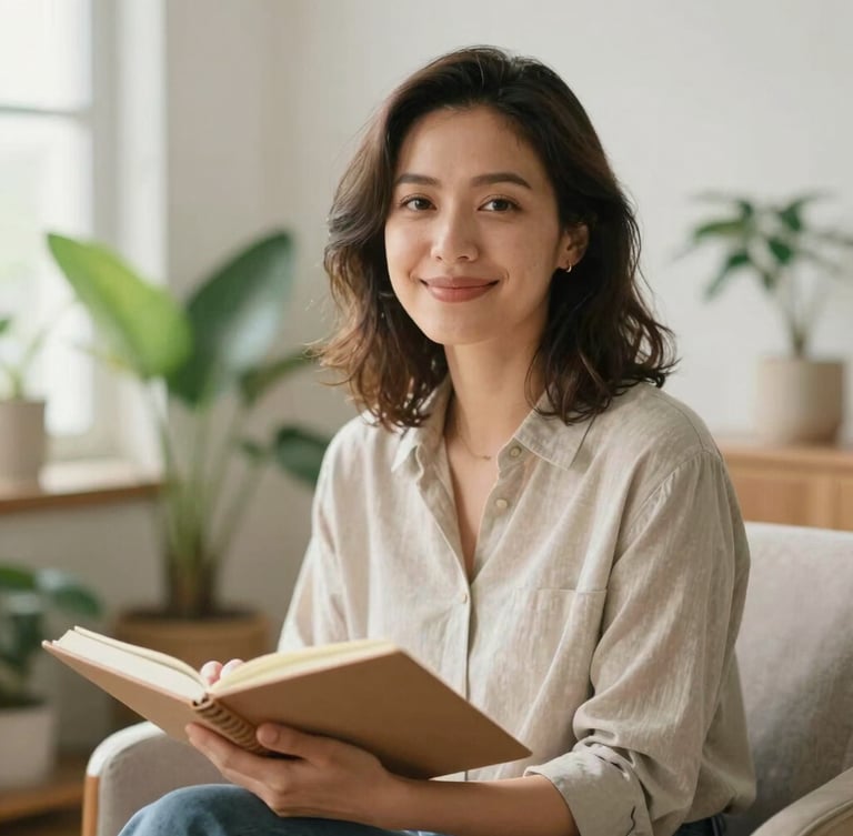 A warm, natural portrait of a professional woman in her late 30s, smiling gently, sitting in a bright sunlit room with plants, holding a notebook, soft daylight, 35mm, shallow depth of field.