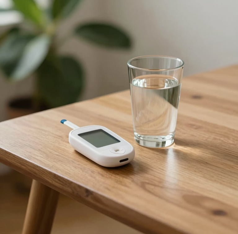 Warm editorial photography, soft natural daylight, a modern wooden table with a fresh glass of water, a subtle blood glucose monitor, and a green plant in the background, 35mm, shallow depth of field.