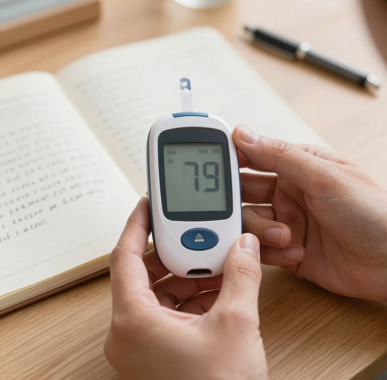 Close up of hands holding a modern glucose monitor next to a notebook with handwritten notes on a wooden table, soft natural daylight, shallow depth of field