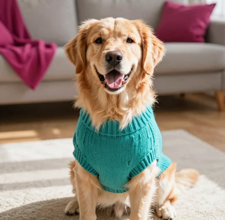 Bright editorial pet photography, a happy golden retriever wearing a vibrant teal knitted sweater, sitting comfortably on a sunny living room rug, warm natural daylight, close-up on perfect fit.