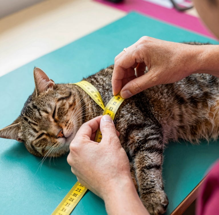 Close-up of tailor hands measuring a sleeping brown tabby cat's chest with a yellow measuring tape, warm natural light, sewing workshop in Celaya