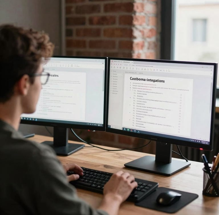 Over-the-shoulder shot of a developer analyzing custom integration database schemas on high-contrast dual monitors in a brick-and-timber workshop, natural side-light