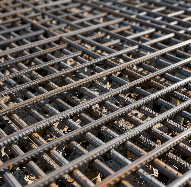 Macro high-contrast shot of raw steel rebar grids and poured concrete textures, showing structural honesty and heavy material scale under harsh morning light.