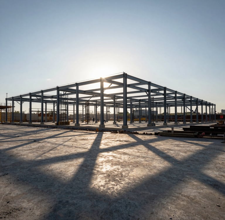 Extreme wide-angle shot of a massive active construction site, exposed structural steel framing against a high-contrast early morning sky, dramatic long shadows.