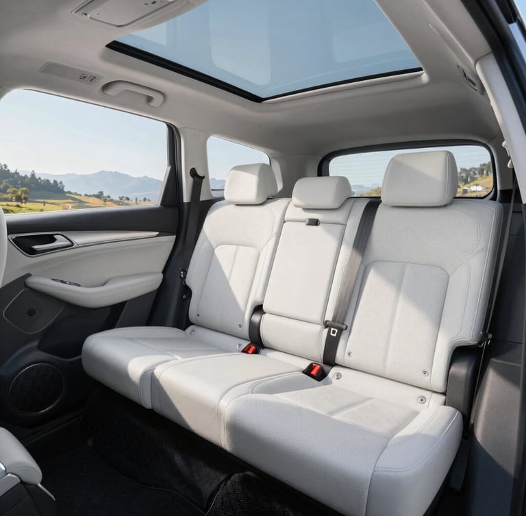 Interior of a clean, modern white SUV showing pristine leather seats, spacious cabin, sunlight streaming through windows, professional and comfortable atmosphere