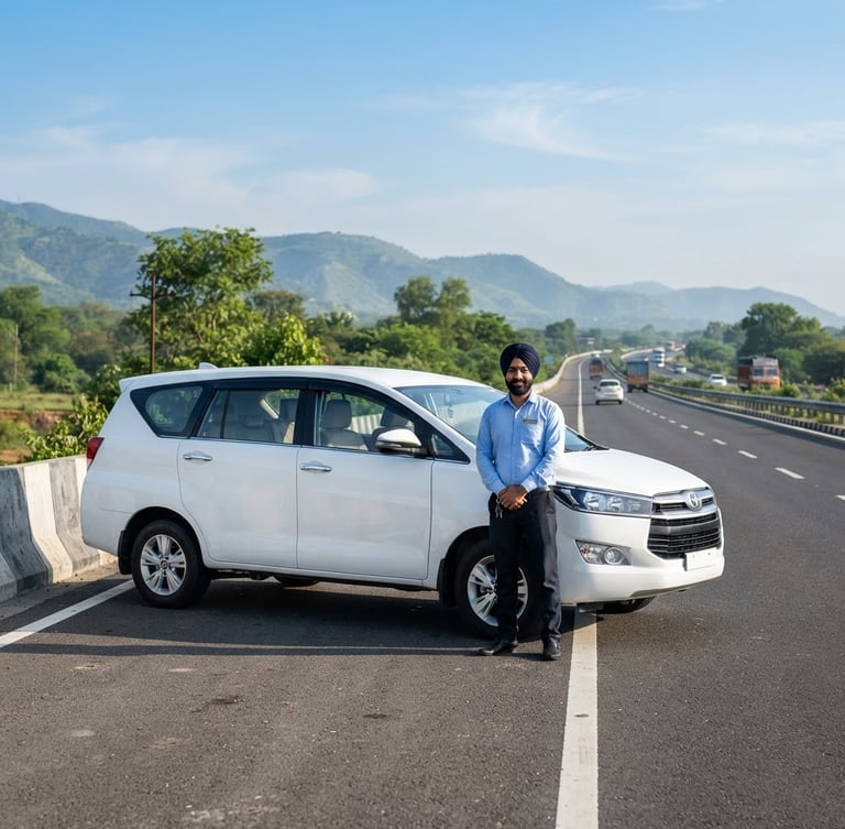 A spotless white Toyota Innova Crysta parked on a clean highway near Chandigarh, bright morning daylight, crisp focus, professional driver standing nearby in neat attire