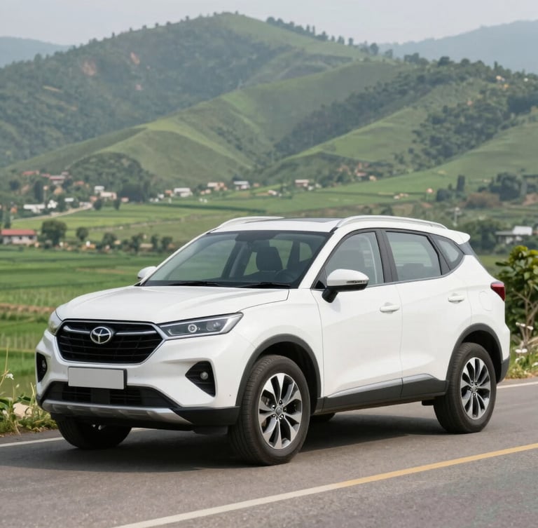 A clean, modern white SUV parked on a scenic mountain road in Punjab, bright morning daylight, crisp focus, beautiful green fields in the background.