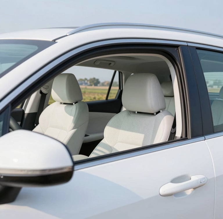 Interior of a modern white SUV with clean leather seats, bright daylight streaming through the window, showing comfort and premium maintenance.