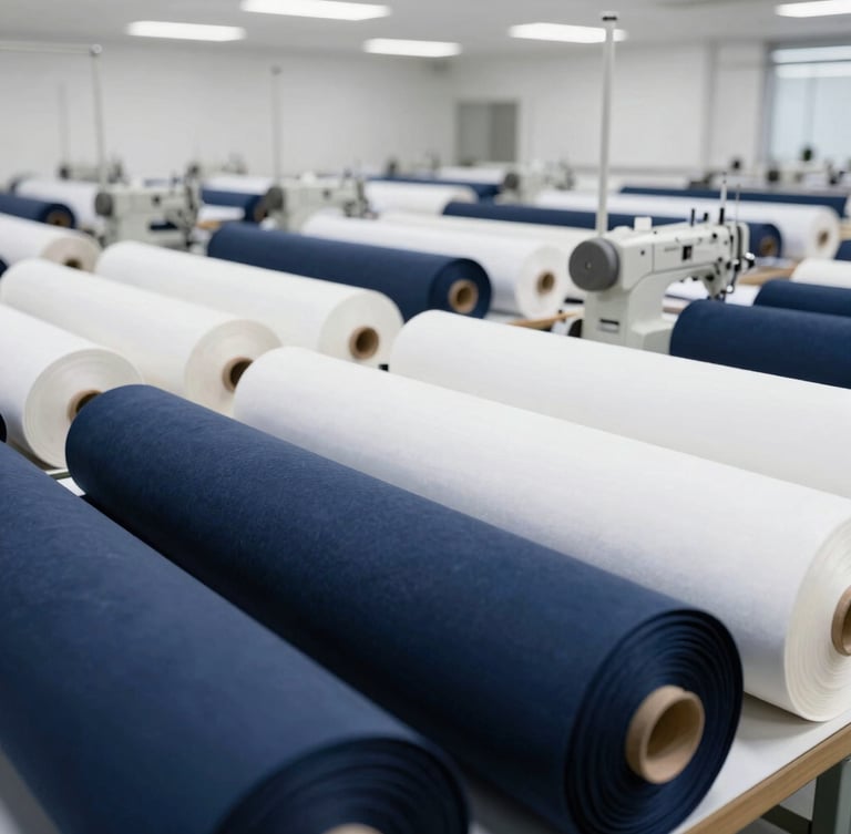 Wide shot of a clean, modern textile manufacturing floor in Ludhiana, showing industrial sewing machines and neatly stacked fabric rolls under bright studio lighting.