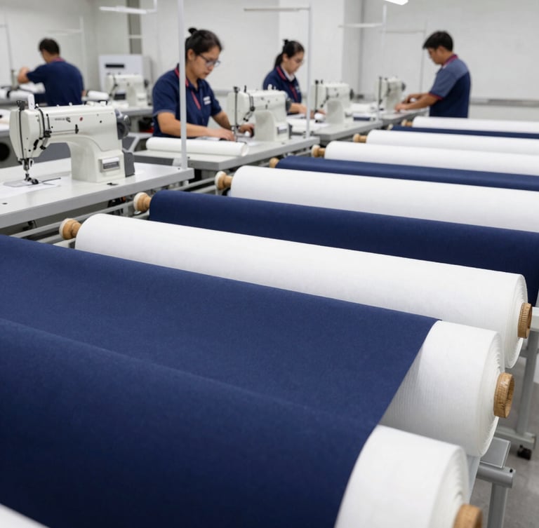 Wide shot of a clean, brightly lit textile manufacturing floor with modern industrial sewing machines, neatly stacked bolts of fabric, and a few skilled technicians overseeing operations. Crisp commercial photography, sharp focus, navy and white tones, 50mm.