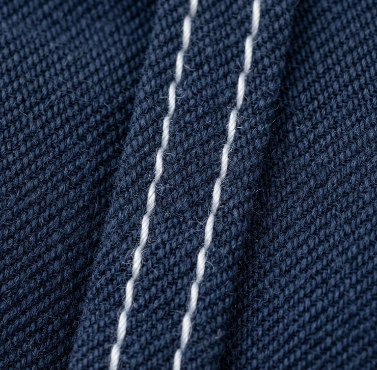 Close-up of a tightly woven, deep navy school uniform fabric, showing reinforced double-stitching, under bright studio lighting, sharp focus on texture, 50mm lens.