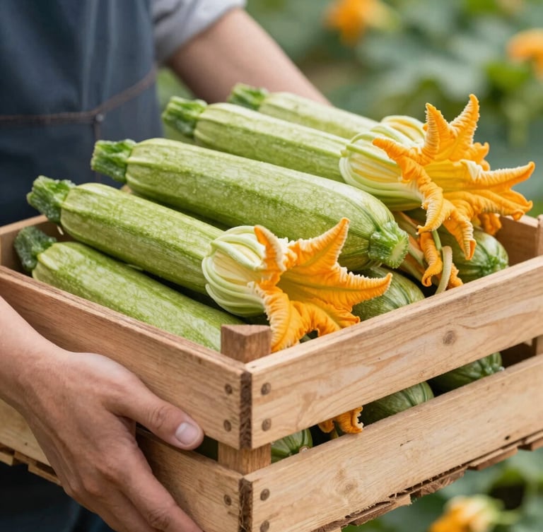 Close-up of hands holding a rustic wooden crate filled with fresh green zucchini and bright orange squash blossoms, morning warehouse light, crisp editorial style