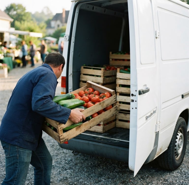 Crisp morning light shot of wooden crates filled with vibrant green zucchini and red tomatoes being loaded into a clean white delivery van, shallow depth of field, 35mm lens