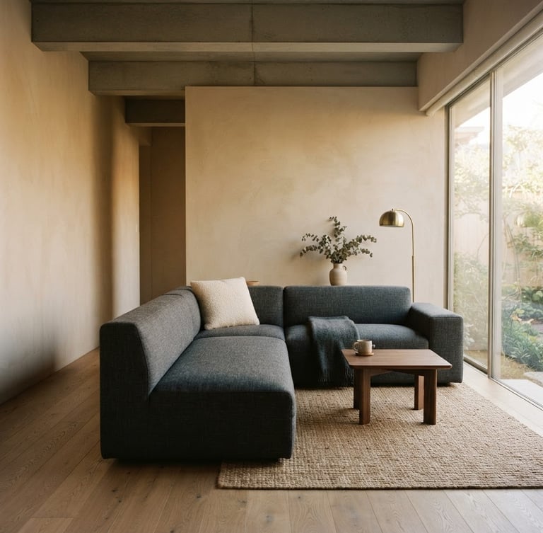 A minimalist architectural living room in soft morning light, a premium L-shape charcoal sofa positioned as the sculptural centerpiece, sand-colored walls, 35mm photography