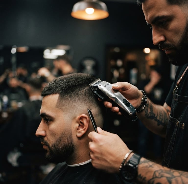 Close-up of a barber using clippers to create a sharp hair fade, moody lighting with warm amber glows, deep charcoal background, shallow depth of field