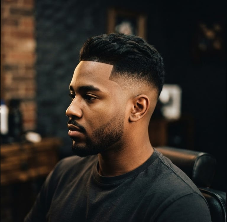 Moody editorial photography of a sharp mid-fade haircut, high-contrast indoor light, warm amber highlights, deep charcoal background, shallow depth of field