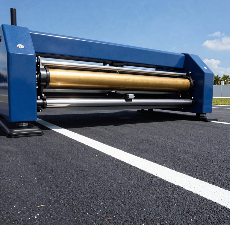 Low-angle action shot of a modern laser-guided striping machine applying a crisp, perfect white line on fresh dark asphalt under bright Florida midday sun.