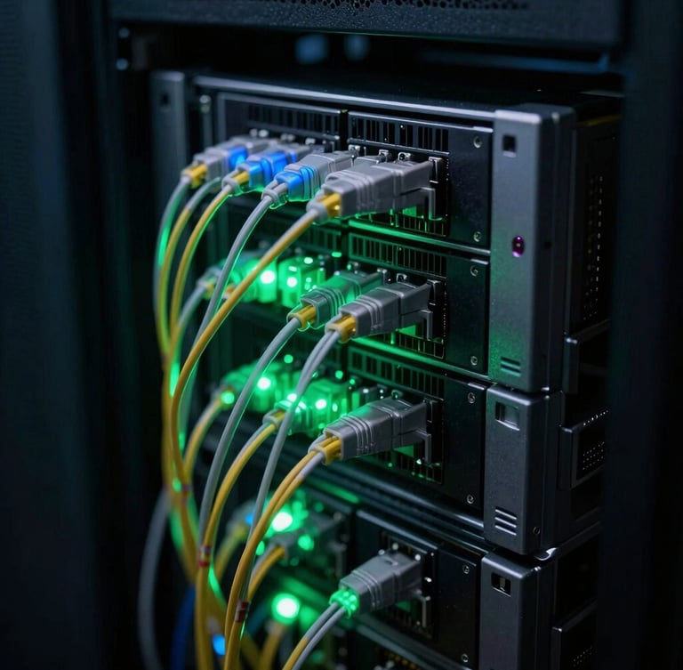 Macro close-up of high-speed server racks and glowing fiber optic cables in a dark data center, electric green and blue ambient light, technical execution.