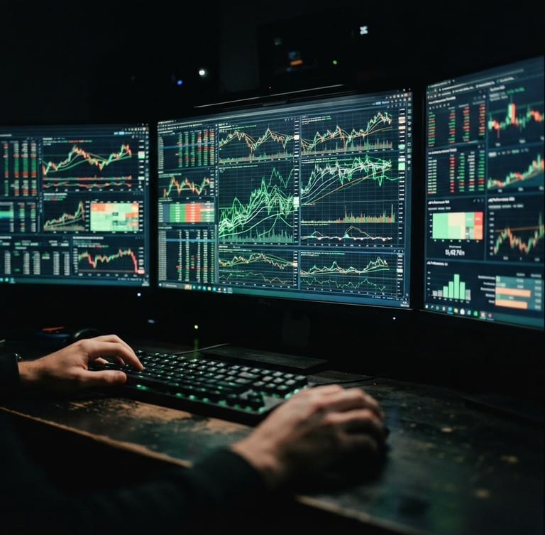 Close-up of a high-tech trading desk in a dark room, glowing multiple monitor setups displaying complex real-time ad manager dashboards with green performance lines, shallow depth of field, 35mm.