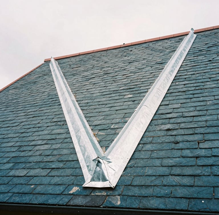 Low-angle documentary shot of a traditional French slate roof with meticulously crafted zinc valleys under a soft overcast sky, sharp details on slate textures, 35mm