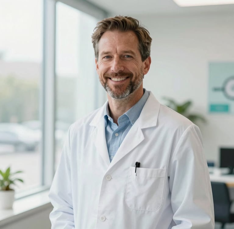 Bright editorial healthcare photography, Dr. Andrew Odle in his Liberty Lake clinic, soft natural window light, environmental portrait of a friendly doctor in a clean modern office, shallow depth of field